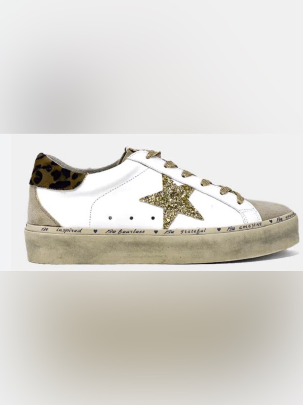 ShuShop White/Beige Low-Top Sneakers w/ Gold Laces, Side Star Leopard Heel: 6.5
